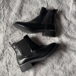 Schuh Black Chelsea Boots Wide Fit Gold Trim Block Heel Ankle Booties Size 40